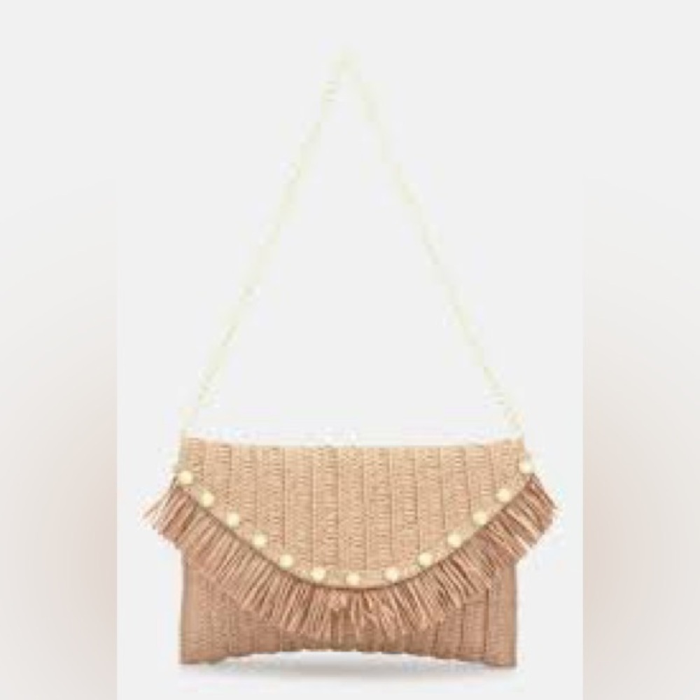 Sol and Mer Paper Straw Faux Pearl Convertible Envelope Clutch With Chain - Picture 3 of 17